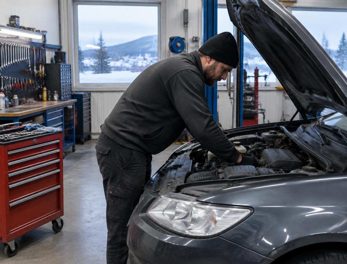 Mechanic carrying out a car service at the workshop in Jokkmokk