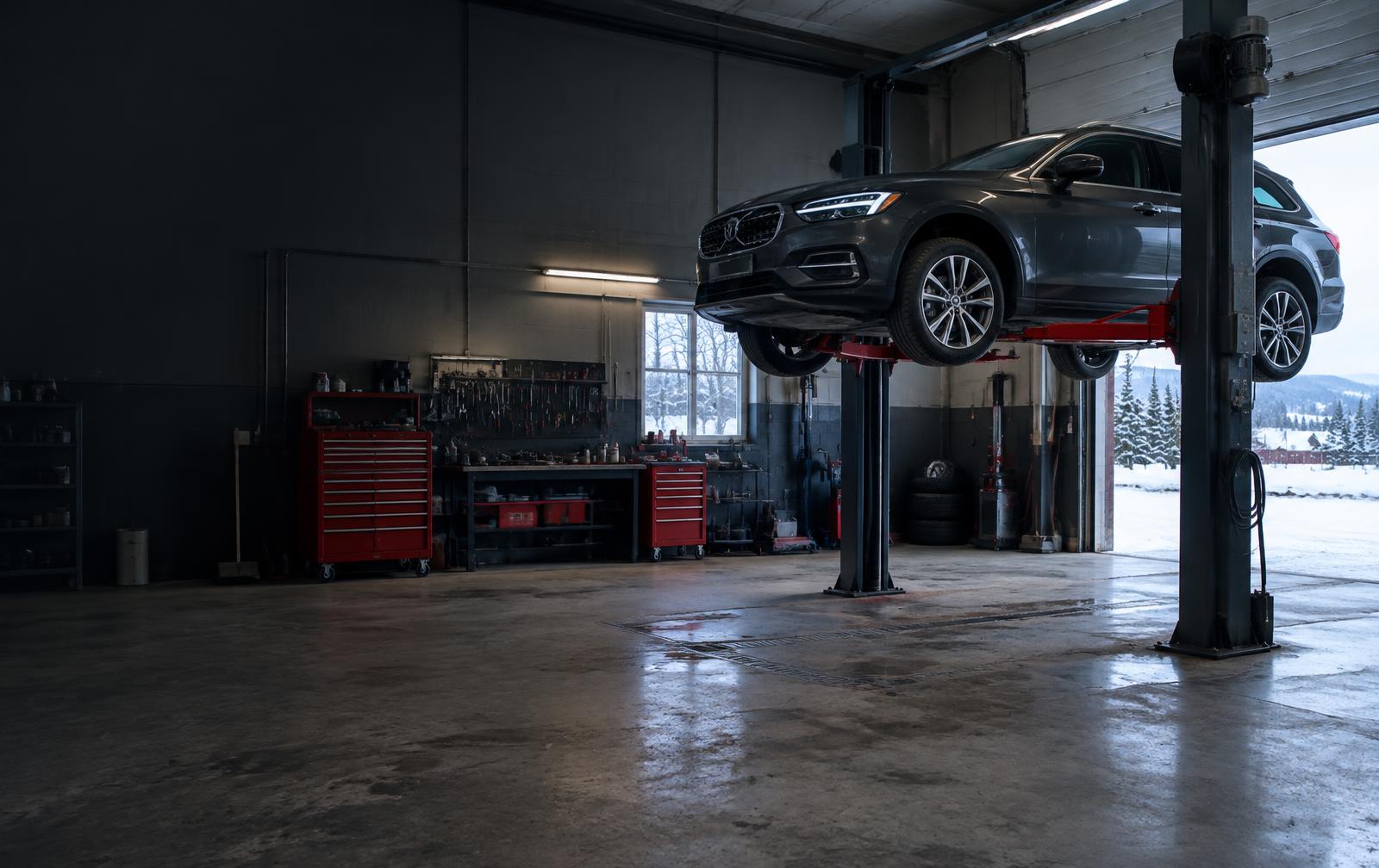 Car on a lift at Nya Bilcenter, car workshop in Jokkmokk
